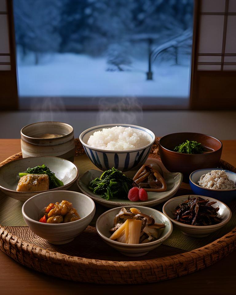 雪国の宿で並ぶ新潟県産米と山菜料理の夕食膳
