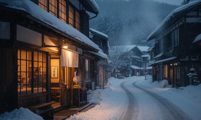 赤倉温泉街の雪道に面した和食店と暖かな店内の灯り