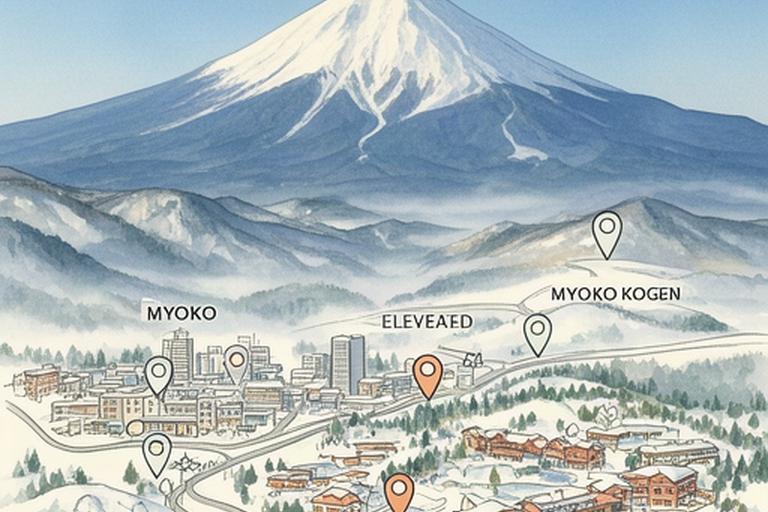 雪を抱く妙高山と妙高市街、赤倉温泉を示した食事エリア案内図