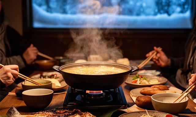 スキー場近くの居酒屋で焼き魚と温かい鍋料理を囲む夜の食卓