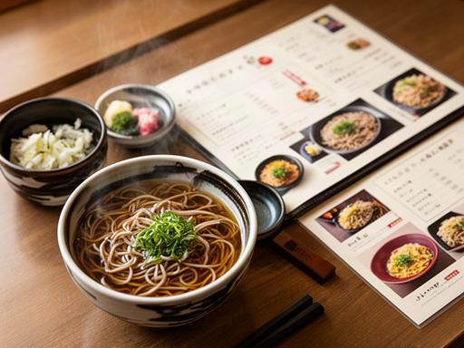 妙高の食堂に置かれた英語表記のそばメニューと料理写真